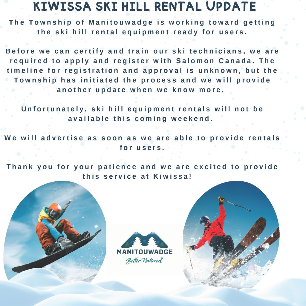 Kiwissa ski hill rental update that rentals are not available this weekend. 
Bottom of page shows a snowboarder and a skier. 